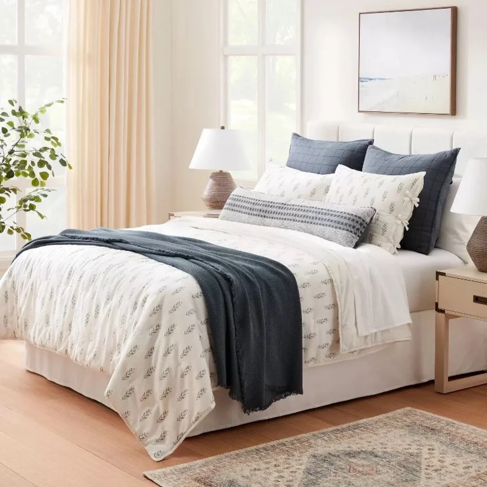 Standard Lofty Cotton Slub Wood Block Floral Sham White - Threshold Studio McGee